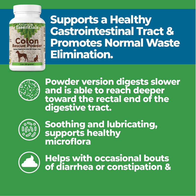 Animal Essentials Colon Rescue Powder Herbal Digestive Aid for Dogs & Cats, 1 oz - Made in USA GI Support, Phytomucil Blend - BeesActive Australia