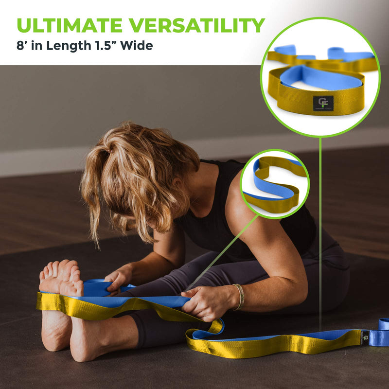 Gradient Fitness Stretching Strap, Premium Quality Multi-Loop Strap, Neoprene Padded Handles, 12 Loops, 1.5" W x 8' L Blue/Gold - BeesActive Australia