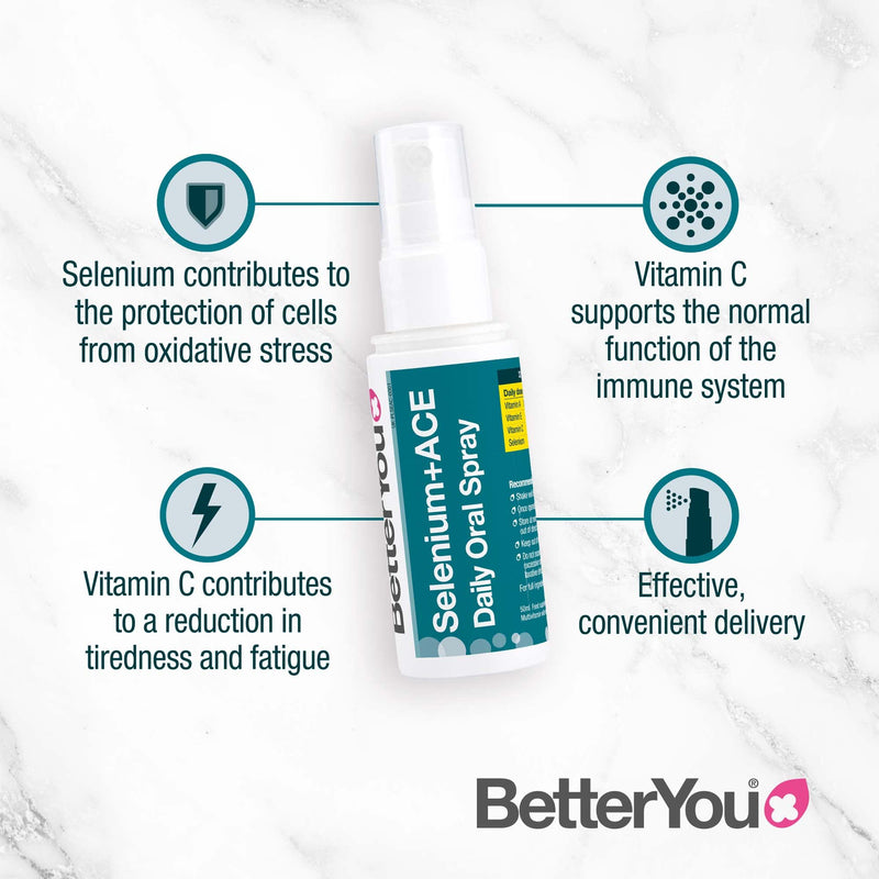 BetterYou Selenium + ACE Daily Oral Spray, Pill-Free Multivitamin and Mineral Supplement, Blend of Selenium and Vitamins A, C and E, 1-Month Supply, Made in The UK, Natural BlackBerry Flavour - BeesActive Australia