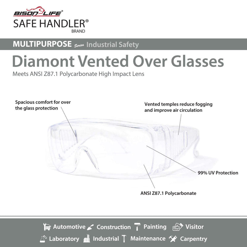 SAFE HANDLER Diamont Vented Over Glasses Safety Glasses | Meets ANSI Z87.1, Impact Resistant Polycarbonate Lens 1 Pair Clear - BeesActive Australia