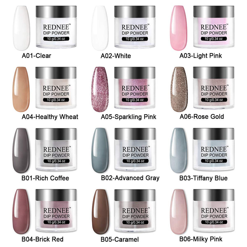 REDNEE Dipping Powder Nail Starter Kit Nude Gray 12 Colors with Step 1-4 Gel Liquid Essential Tools - RE10 French & Morandi Color - BeesActive Australia