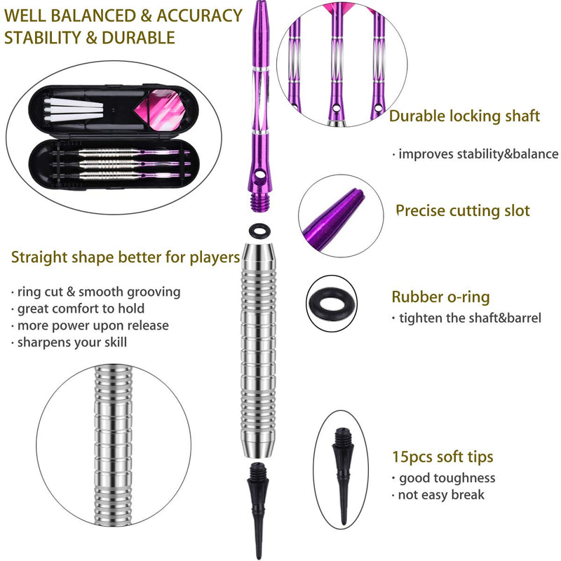 [AUSTRALIA] - sanfeng Darts Plastic Tip Set - 18g Soft Tip Darts - Nickel Plated Silver Dart Barrel 16 Grams + 50 Anti-Loose O-Rings + 6 Shaft (Aluminum/Nylon 45mm) + 6 Flights + Extra 50 Soft Tips Electronic Dart 7-B-18g-purple 