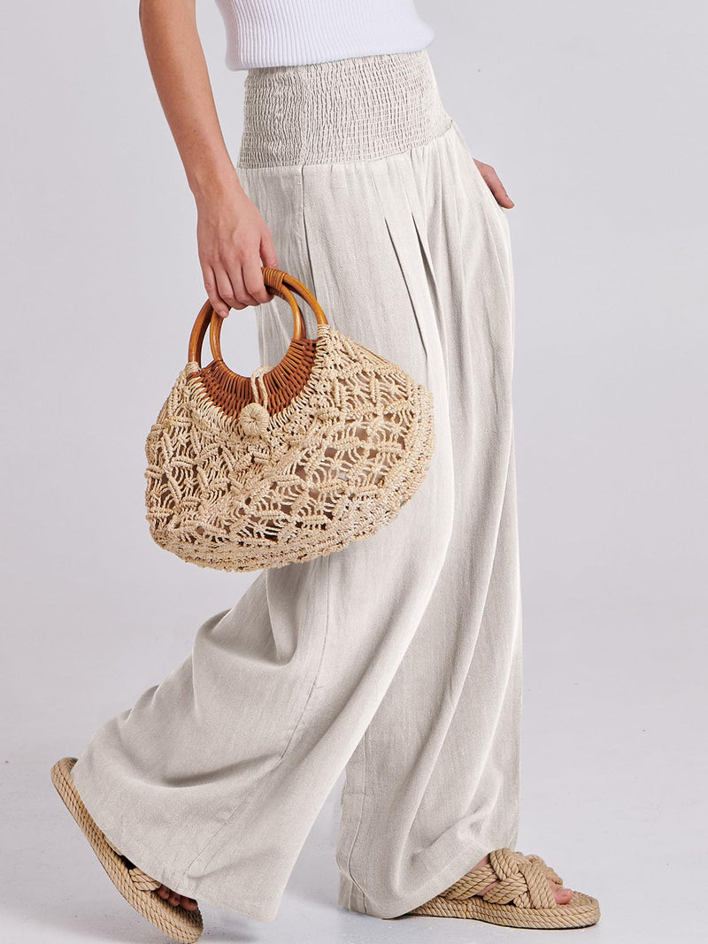 ANRABESS Women Linen Palazzo Pants Summer Boho Wide Leg High Waist Casual Lounge Pant Trousers with Pocket Large Apricot - BeesActive Australia