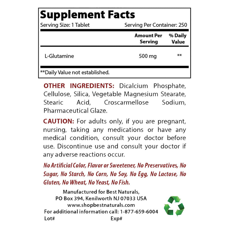 Best Naturals L-Glutamine 500 mg 250 Tablets (250 Count (Pack of 1)) 250 Count (Pack of 1) - BeesActive Australia