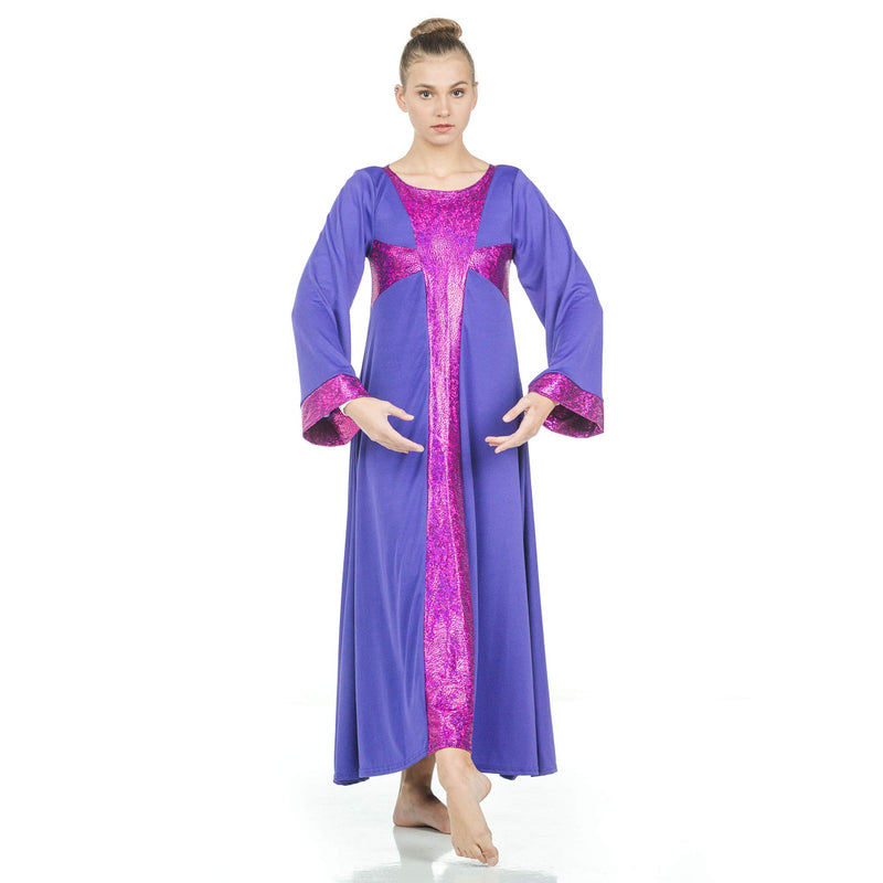 [AUSTRALIA] - Danzcue Praise Cross Long Sleeve Dress, Deep Purple-Metallic Deep Purple, L-XL-Adult 