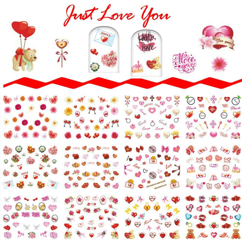 Aysekone 12 Sheets Love Valentine Theme Nail Stickers Nail Art Decorations Red Rose Lipstick Flower Lip Balloon Champagne Glass Patterns Water Transfer Decals for Women Girls (# 2-12 Sheets) # 2 - 12 Sheets - BeesActive Australia