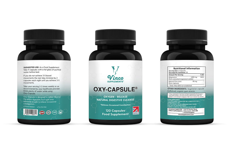 Vinco Supplements Oxy-Capsule Magnesium Compound - Vegan Oxygen Powder Natural Colon Cleanser - Gas Relief, Bloating Relief, Constipation Relief - Intestinal Cleanser for Adults - 120 Count - BeesActive Australia