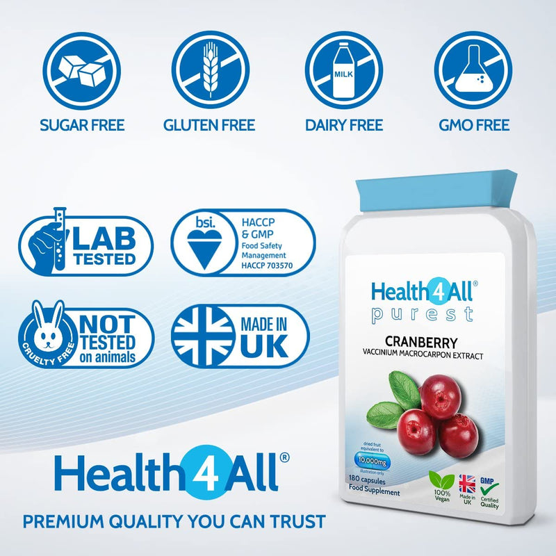 Cranberry 10,000mg 180 Capsules Purest: no additives, Vegan Capsules (not Tablets). Made in The UK by Health4All 180 count (Pack of 1) - BeesActive Australia