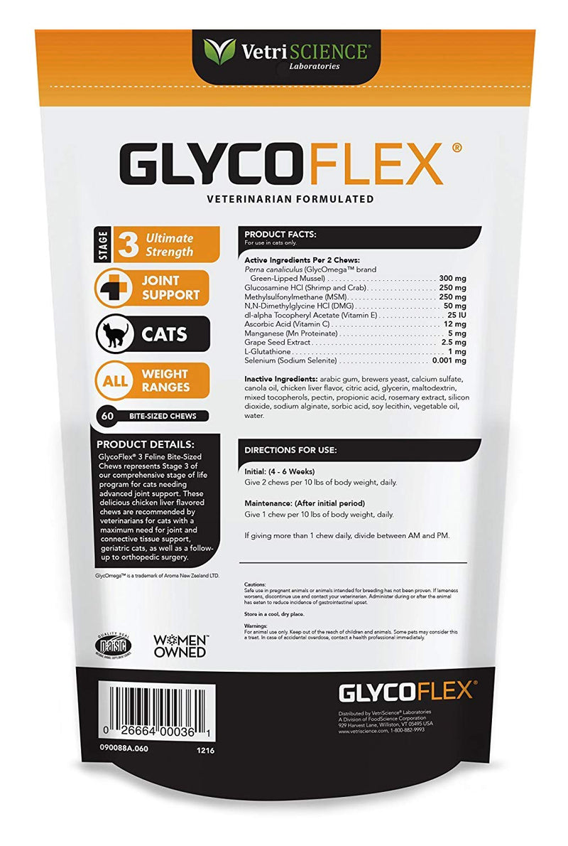 Vetri-Science Laboratories Glyco-Flex 3 Feline Bite Sized Chews - 60 ct - BeesActive Australia