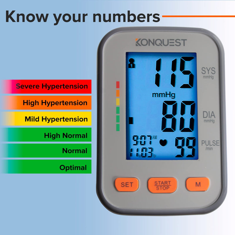 Konquest KBP-2704A Automatic Upper Arm Blood Pressure Monitor - Adjustable Cuff - Large Backlit Display - Irregular Heartbeat Detector - Tensiometro Digital… Gray - BeesActive Australia