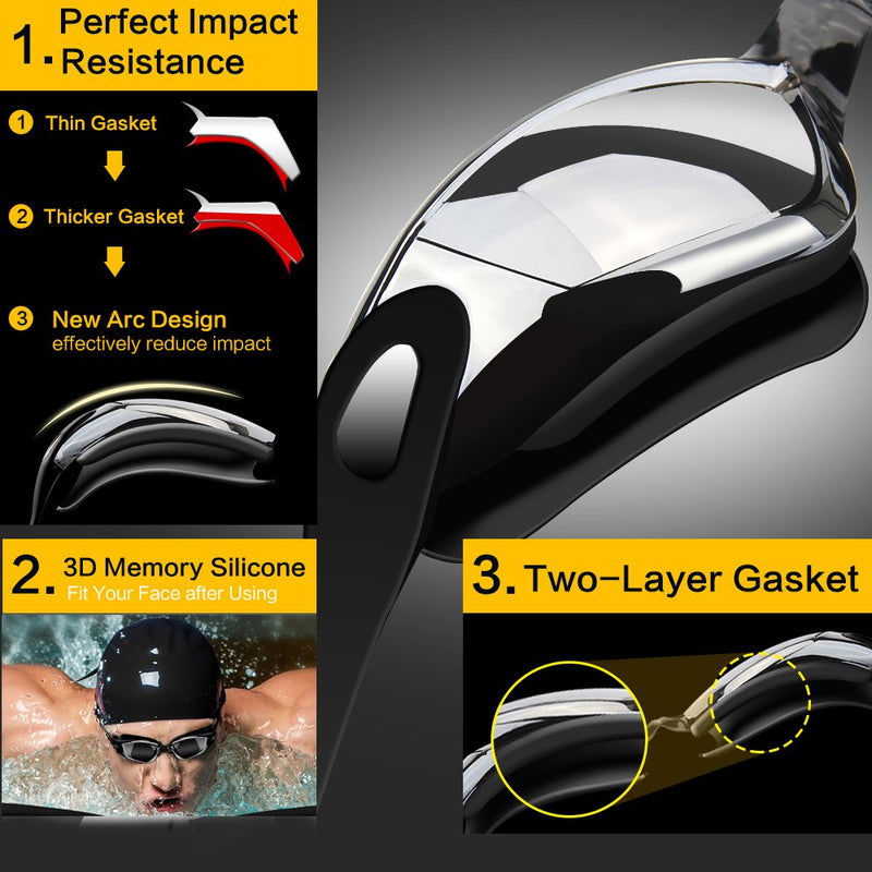 Swim Goggles Swimming Goggles No Leaking with Nose Clip, Earplugs and Case(Black & Grey) - BeesActive Australia
