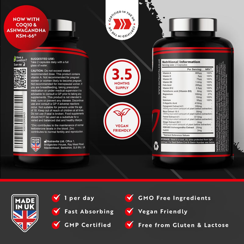 Test Booster for Men - 210 Vegan Capsules - 1450mg per Testosterone Supplement Serving - TESTOMAX™ 2.0 Contains 17 Active Ingredients Incl. Ashwagandha KSM 66®, CoQ10, Maca Root - Made by Nutravita - BeesActive Australia