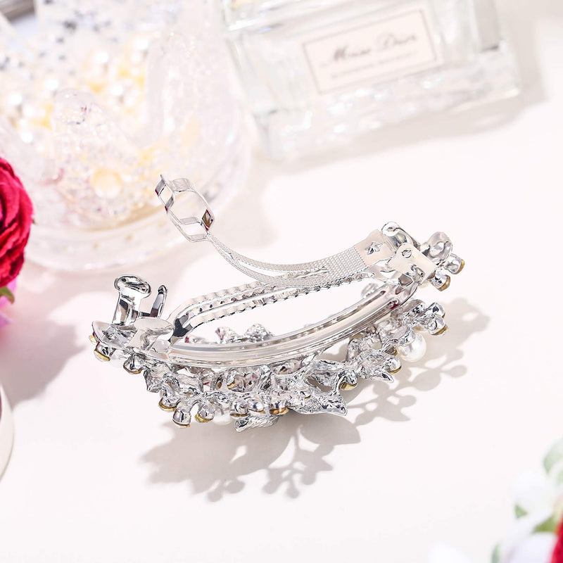 EVER FAITH Austrian Crystal Bridal Hibiscus Cream Simulated Pearl Hair Clip Barrette Silver-Tone Blue - BeesActive Australia