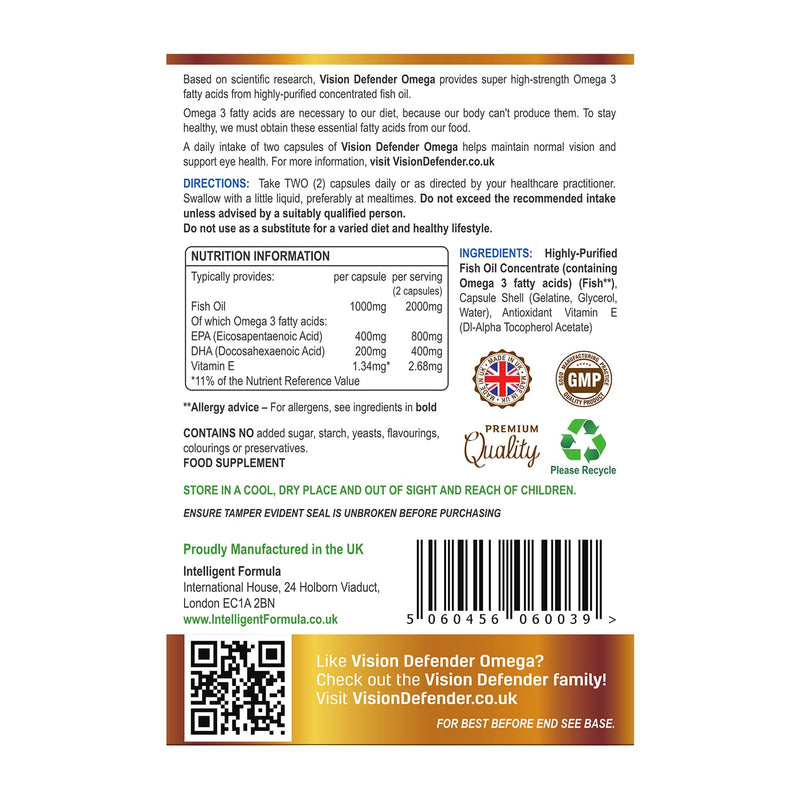 VISION DEFENDER OMEGA Eye Supplement - High Strength 1000mg Pure Omega-3 Fatty Acids Fish Oil (400mg EPA, 200mg DHA per capsule) + Vitamin E - Eye Care & Relief for Dry Eyes - (60 Softgels) Made in UK - BeesActive Australia
