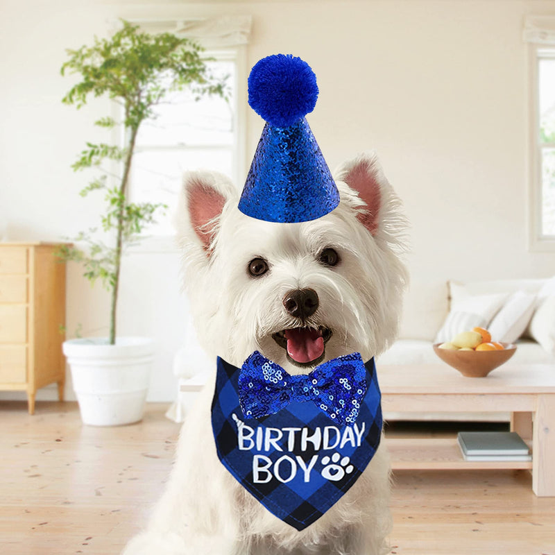 STMK Dog Birthday Party Supplies, Dog Birthday Bandana Boy Girl and Dog Birthday Party Hat with Dog Bow Tie Collar for Medium Large Dogs Blue Style - BeesActive Australia