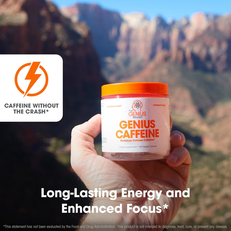 Genius Caffeine Pills 100mg, Extended-Release Microencapsulated Caffeine Pills - All-Natural Non-Crash Sustained Energy, Focus & Concentration Supplement - Nootropic Brain Booster - 100 Capsules - BeesActive Australia
