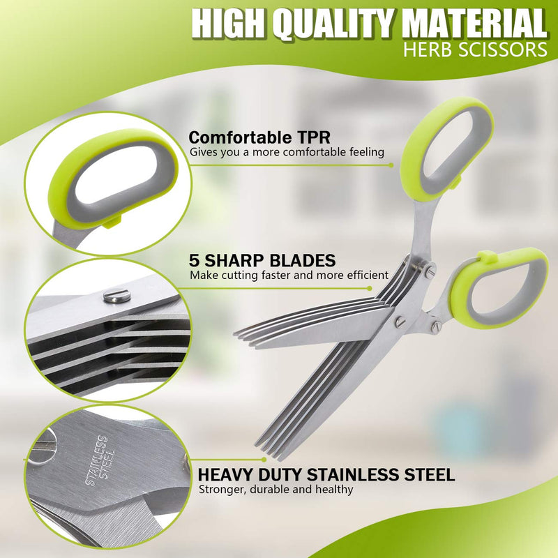 LHS Herb Scissors with 5 Multi Stainless Steel Blades and Safe Cover Kitchen Gadgets Cutter, Kitchen Chopping Shear, Mincer, Sharp Dishwasher Safe Kitchen Gadget, Culinary Cutter Green - BeesActive Australia