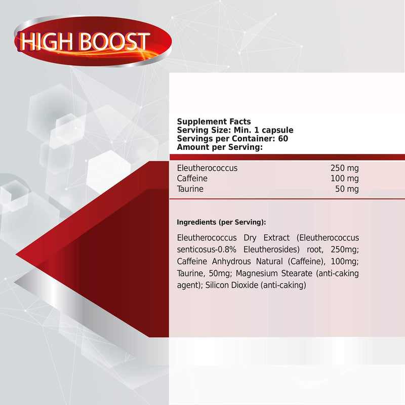 Healthy Fusion Taurine + Caffeine + eleutherococcus | Powerful energiser and Natural Energy Booster | Eliminates Fatigue, Improves Physical Endurance and enhances Muscle Performance | 60u - BeesActive Australia