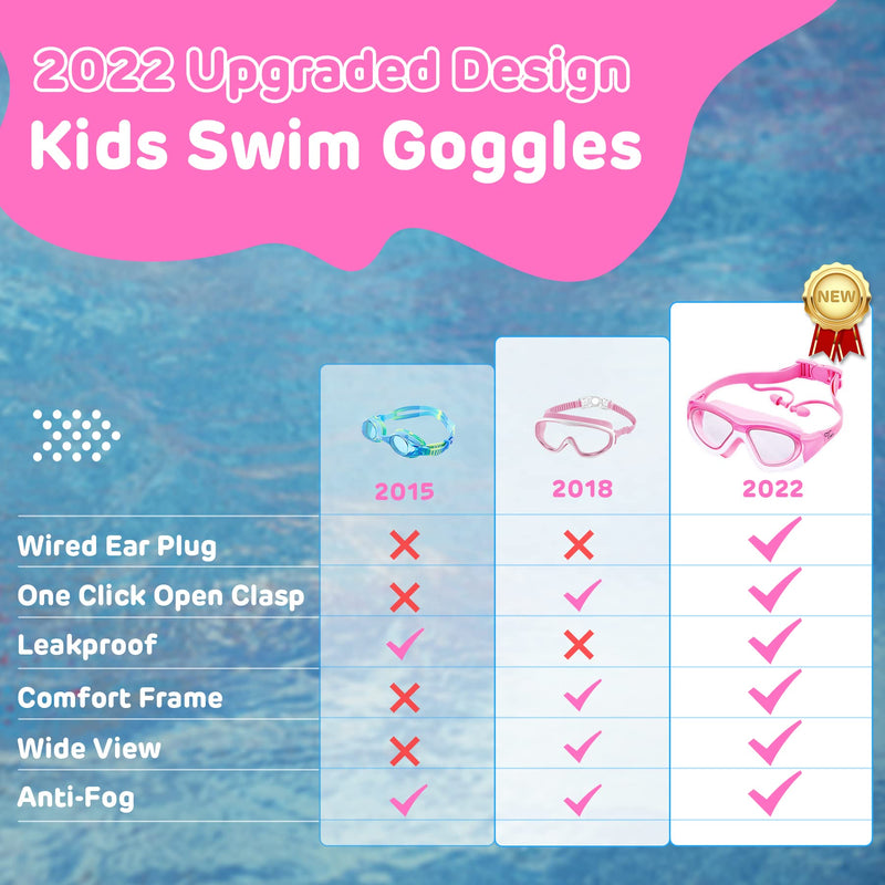 Vvinca Kids Swim Goggles for Kids 3-12, 2022 Upgraded Design with Ear&Nose Plug, Wide View Anit-Fog No Leak Water Pool Goggle 1 Pack Pink - BeesActive Australia