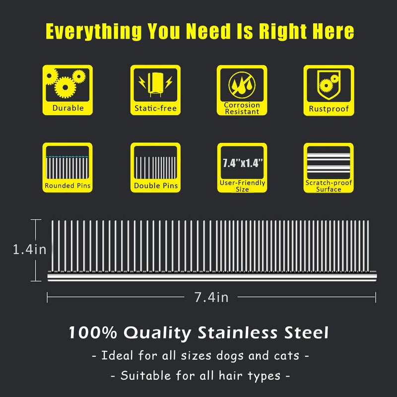 Dog Comb 2 Pack Pet Steel Comb for Dogs and Cats, Stainless Steel Comb with Rounded Teeth, Static-free Metal Comb Corrosion Resistant Cat Comb Pet Dematting Tool Flea Comb Pet Grooming Tool - 7.4in - BeesActive Australia
