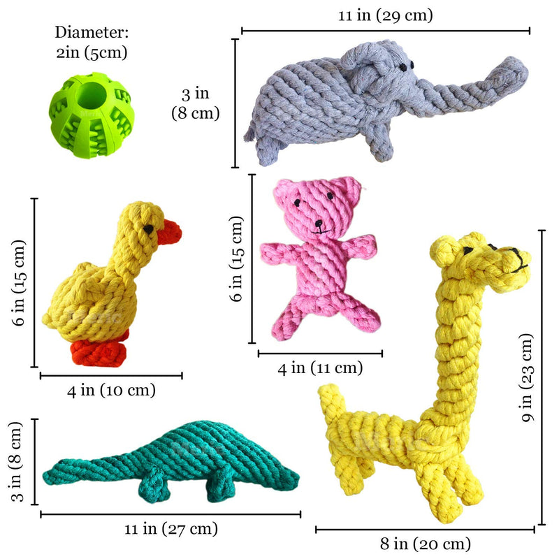 Meric Pet Chew Toys, 5 Handwoven Cotton Rope Animals and Rubber Treat Ball for Overall Development, Lessen Boredom, Stress, Anxiety and Encourages Play, 6 pcs per Pack - BeesActive Australia