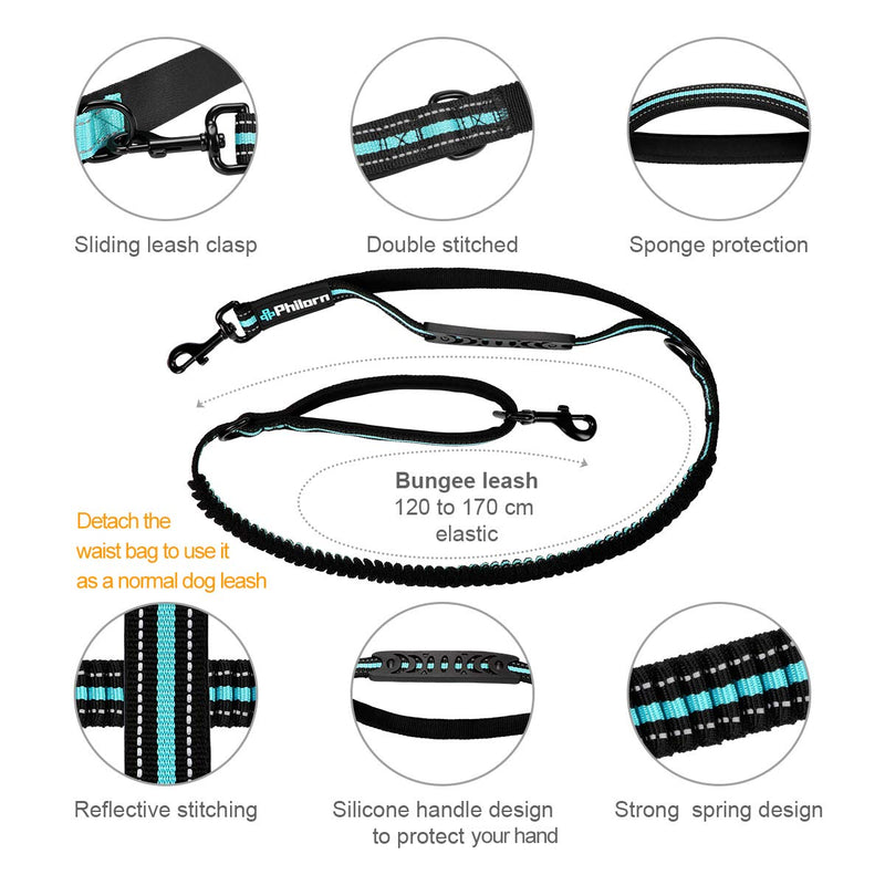 PHILORN Hands Free Dog Leash for Running, Jogging | Reflective Stitching, Adjustable Waist Belt(24"-47"), Phone Pouch, Shock Absorbing Dual Handle Bungee(47"-67") for Up to 150lbs Large Dog Blue - BeesActive Australia