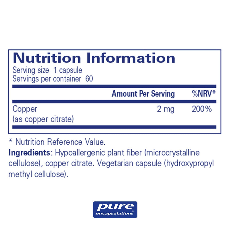 Pure Encapsulations - Copper (Citrate) - Highly Bioavailable Copper Supplement - 60 Vegetarian Capsules - BeesActive Australia
