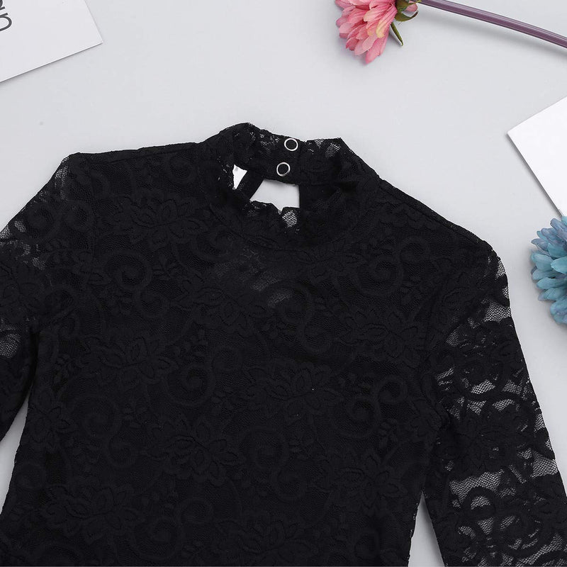 [AUSTRALIA] - CHICTRY Kids Girls Floral Lace Figure Roller Skating Dress Long Sleeve Gymnastics Dancewear with Mock Neck Black 9 / 10 