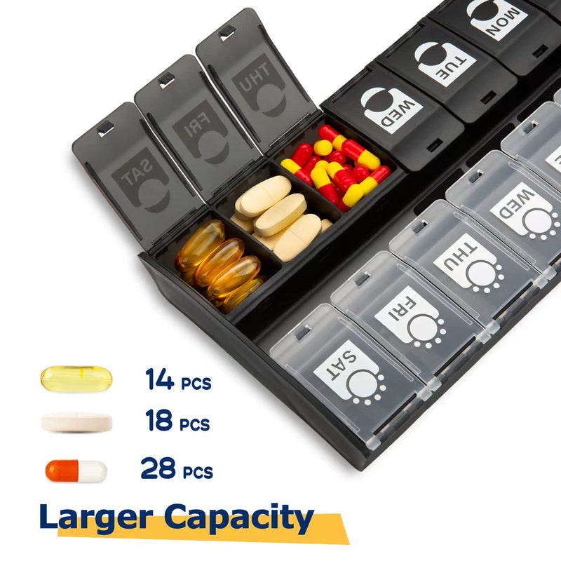 XL Large Weekly Pill Organizer 2 Times A Day, Hinged Lids Daily Vitamin Pill Box Holder Am Pm,Big Pill Container 7 Day, Medication Aid Organizer Twice A Day Small Medicine Organizer for Supplyment Black - BeesActive Australia