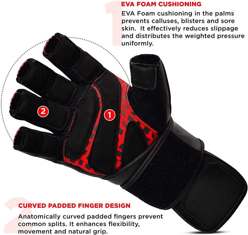 RDX Weight Lifting Gloves Gym Fitness Workout, Cowhide Leather, 50CM Long Wrist Support Grip, Full Palm Protection, Powerlifting Strength Training Deadlifting Bodybuilding Exercise Cycling, Men Women Red Large - BeesActive Australia