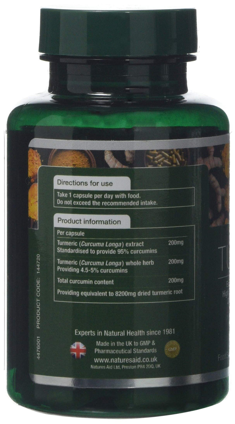 Natures Aid Turmeric 8200 mg, High Potency Extract plus Whole Herb, 200mg Curcumins, Vegan, 60 Capsules 60 Count (Pack of 1) - BeesActive Australia
