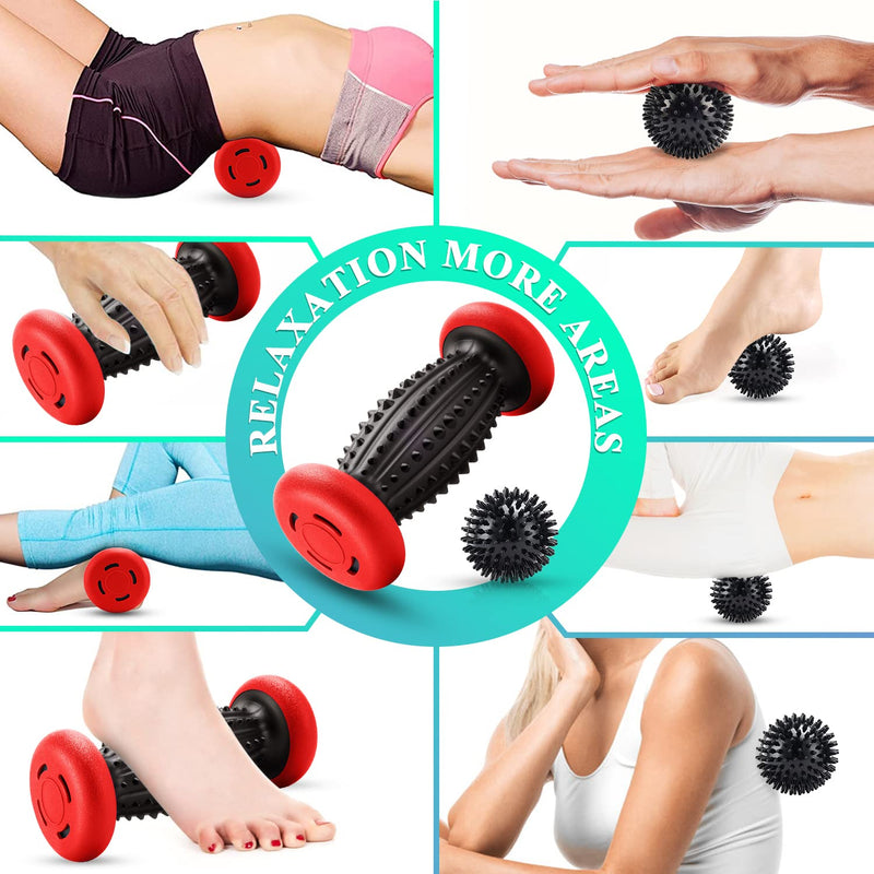 HOFASON Foot Roller Massage Ball for Plantar Fasciitis Relief, Foot Arch Pain, Myofascial Pain and Body Muscle Pain, Foot Massager Reflexology Tool, 1 Foot Massage Roller & 2 Spiky Balls (Black Red) Black Red - BeesActive Australia