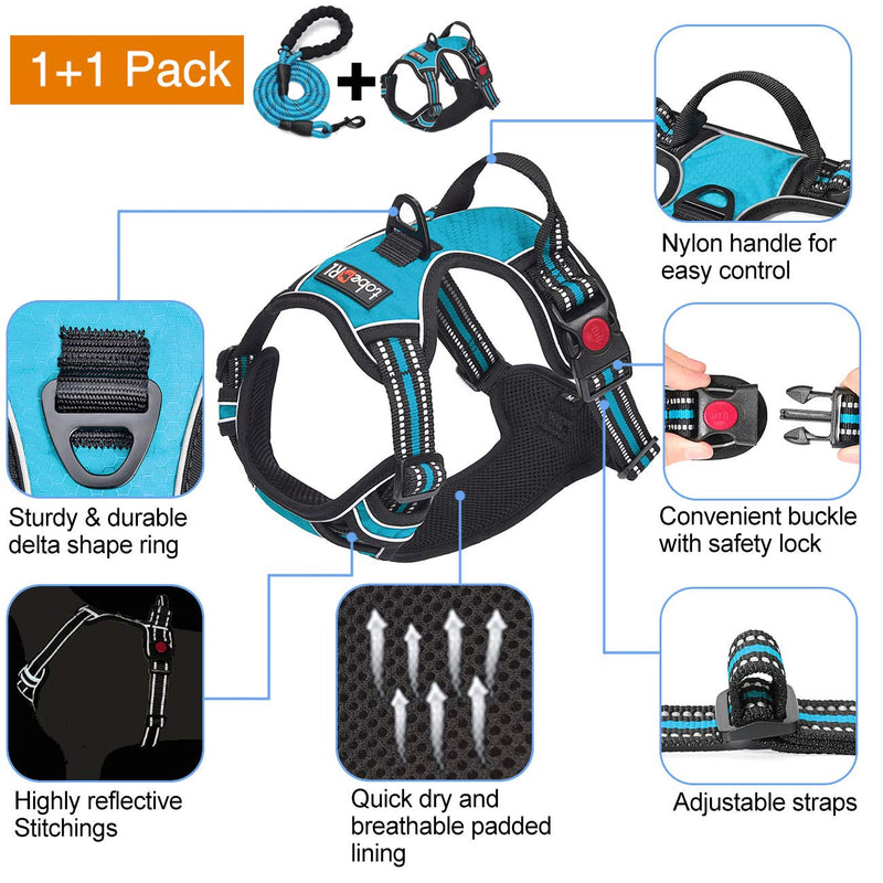 tobeDRI No Pull Dog Harness Adjustable Reflective Oxford Easy Control Medium Large Dog Harness with A Free Heavy Duty 5ft Dog Leash Large (Pack of 1) Blue Harness+Leash - BeesActive Australia