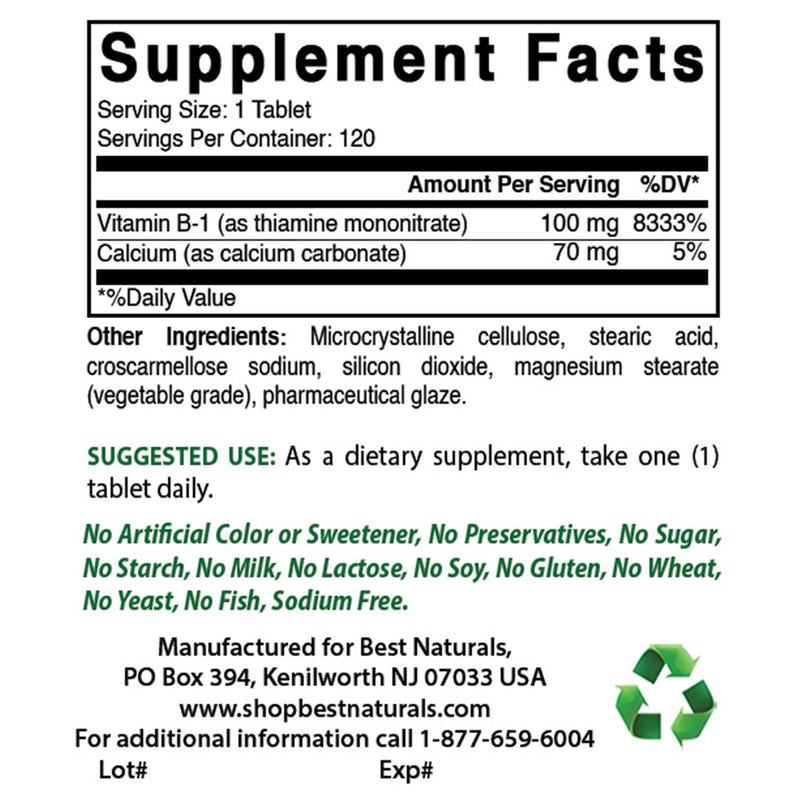 Best Naturals Vitamin B1 as Thiamine Mononitrate 100 mg 120 Tablets (120 Count (Pack of 2)) - BeesActive Australia