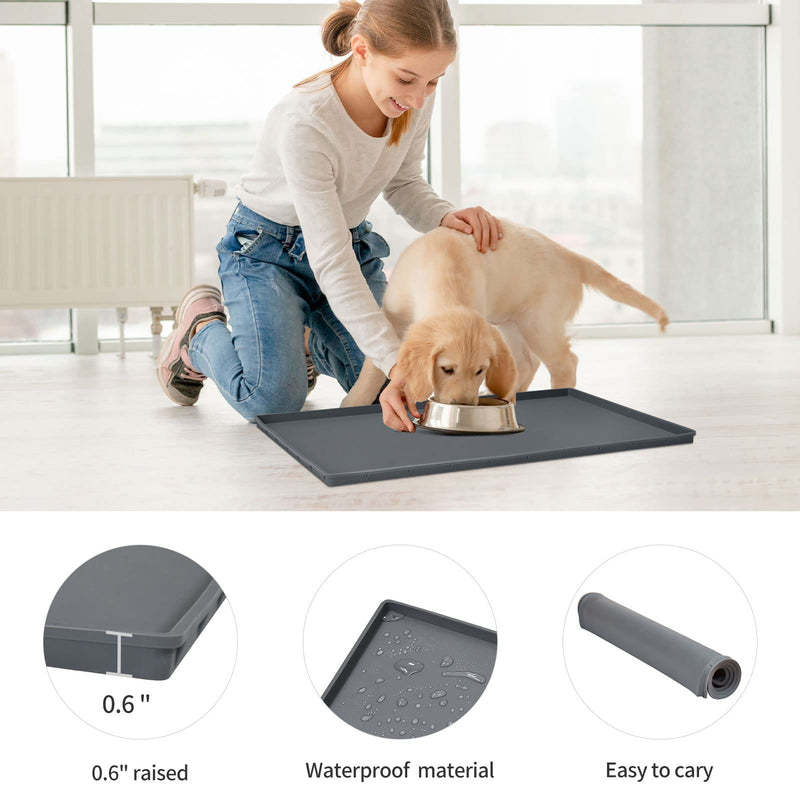 EIOKIT Dog Food Mat,Silicone Waterproof Dog Cat Food Tray,Non Slip Pet Bowl Mats Placemat,Size:(18.5" x 11.5") 0.6",(24" x 16") 0.6",(28" x 18") 0.8",(32" x 24") 1" Raised Edge 18.5" x 11.5" Grey - BeesActive Australia