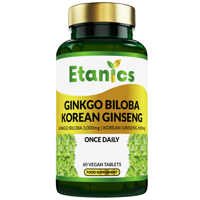 Etanics Ginkgo Biloba 3000mg & Ginseng 650mg Tablets | Memory, Cognitive Functions & Sexual Health for Vegetarians and Vegans - Made in The UK - BeesActive Australia