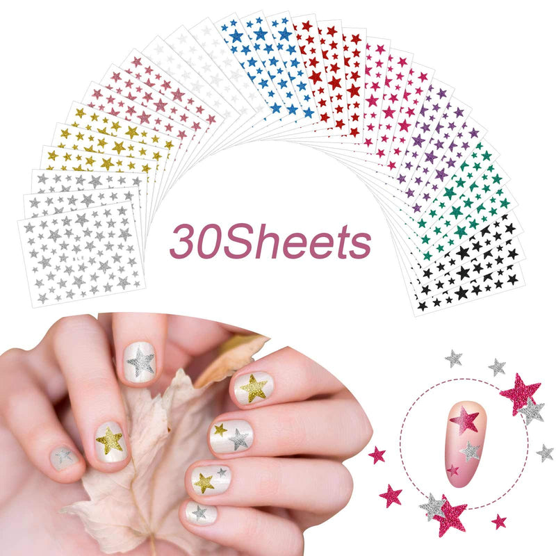 30 Sheets Star Nail Art Stickers Decals Glitter Star Nail Stickers 3D Self Adhesive Nail Decals Shiny Star Decoration Decals with Tweezers Manicure Accessories for Women Girls DIY Nail Art Design - BeesActive Australia