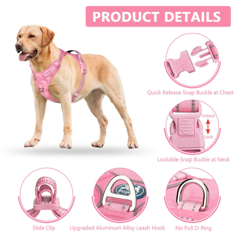 PoyPet No Pull Dog Harness, No Choke Reflective Dog Vest, Adjustable Pet Harnesses with 2 Leash Attachments with Easy Control Padded Handle for Small Medium Large Dogs L Light Pink(Matching Trim) - BeesActive Australia