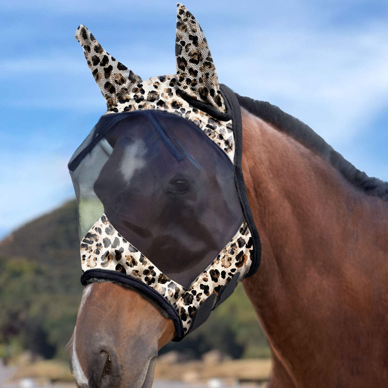 Harrison Howard LumiVista Horse Fly Mask Standard with Ears UV Protection for Horse with Multicolor Print Full (Large) Leopard Print - BeesActive Australia