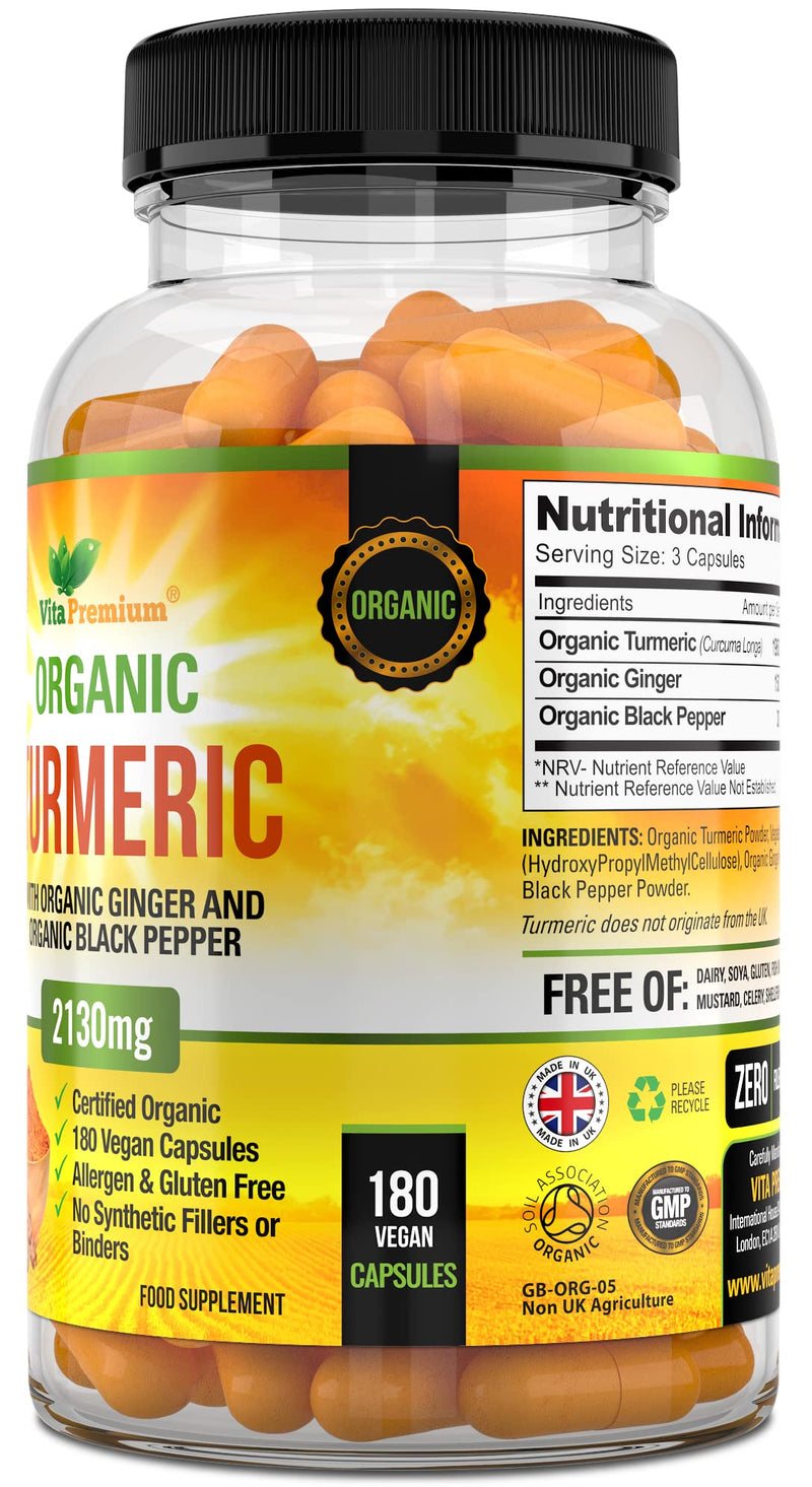 Organic Turmeric Curcumin 2130mg with Organic Ginger and Organic Black Pepper - 180 Vegan Capsules (6 Month Supply) - High Strength Tumeric Supplement - BeesActive Australia