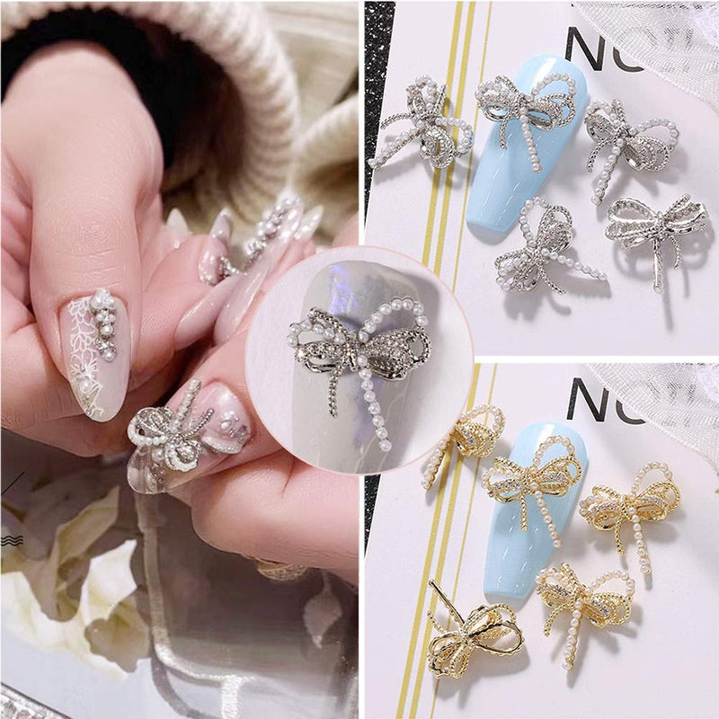 Gold Alloy Charms Metal Zircon 3D Bowknot DIY Nail Art Decorations Manicure Nail Rhinestones Bow Nail Jewelry(silver) silver - BeesActive Australia