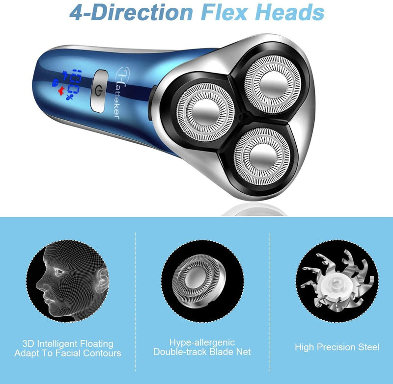 Hatteker Electric Shaver for Men Rotary Shaver Electric Razor Beard Trimmer Nose Hair Trimmer Cordless Wet Dry Face Brush 4 in 1 Blue - BeesActive Australia