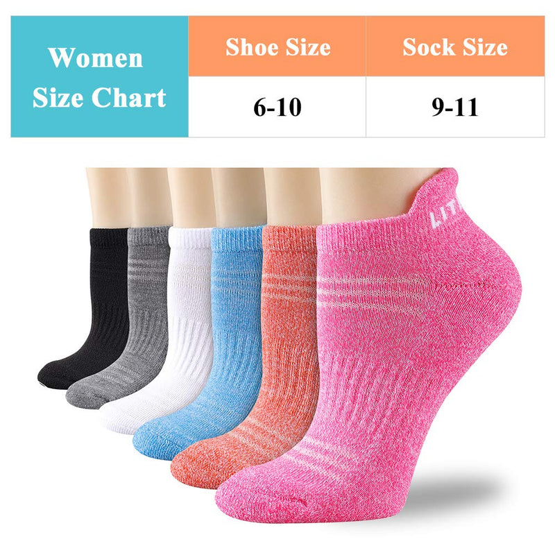 [AUSTRALIA] - LITERRA Womens Ankle Socks 6-Pairs Athletic Running Low Cut Socks Cushioned Blue 1, Pink 1, Orange 1, White 1, Grey 1, Black 1 Women shoe size 6-10 / Sock size 9-11 