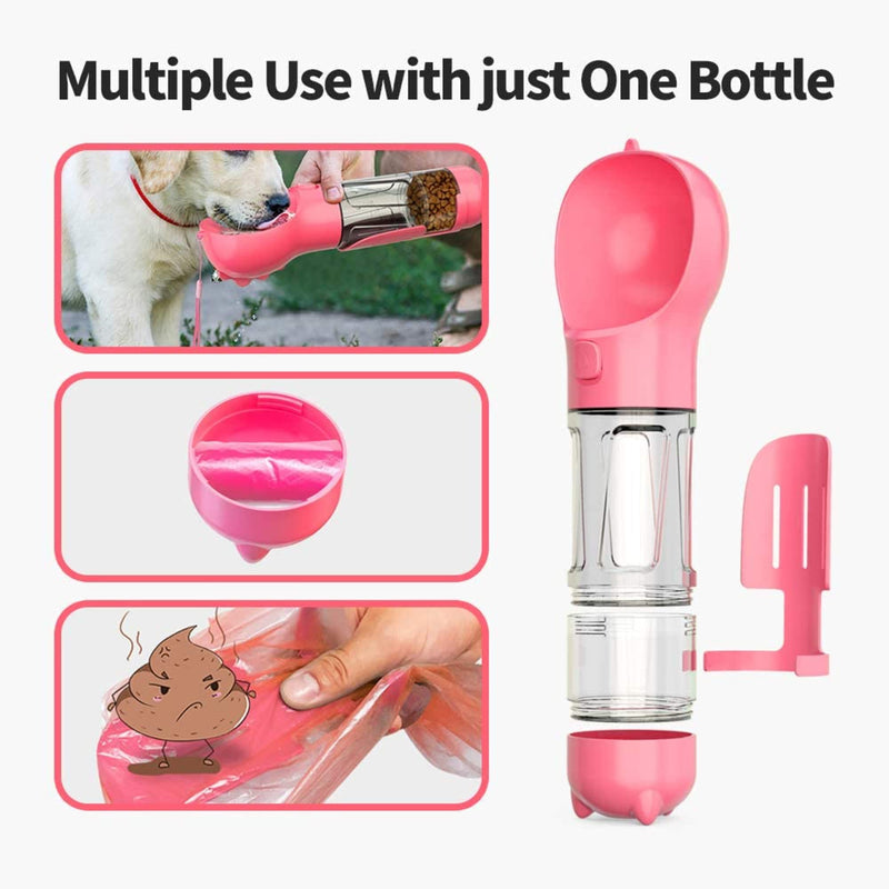 Portable 4in1 Pet Dog Water Bottle with Food Storage, Poop Bag Dispenser and Scoop Pink - BeesActive Australia