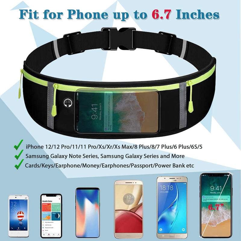 RDMODO Running Belt Waist Pack Bag Sports, Running Fanny Pack for Phone Waterproof Plus Size Bounce Free Pouch Bag, Running Waist Belt Phone Holder for iPhone 11 Xr Xs 8 7 Plus Samsung Galaxy Note 01 Black + Green 7.5 inches - BeesActive Australia