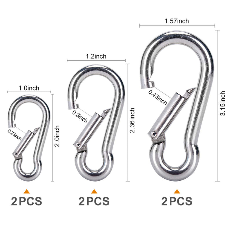 6PCS Spring Snap Hooks Carabiner- 304 Premium Stainless Steel Heavy Duty Carabiner Clips Assorted Sizes (2, 2.36, 3.15 inch) for Camping, Fishing, Hiking, Traveling, Backpack, Keychain; Silver - BeesActive Australia