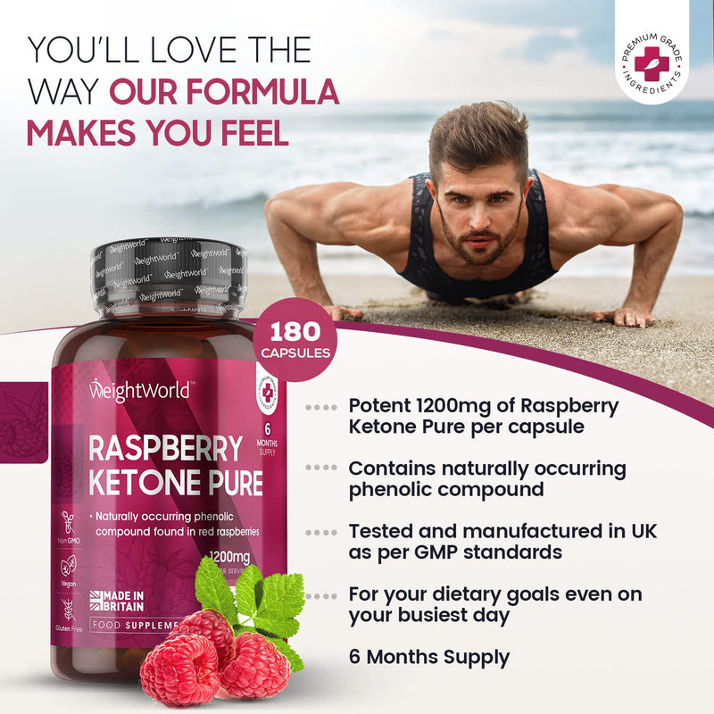 Pure Raspberry Ketones - 6 Months Supply - 180 High Strength Raspberry Ketone Capsules - Suits Low Carb & Keto Diet - Feel Fuller & Lighter - Vegan Ketones Supplements for Men & Women - Made in the UK - BeesActive Australia