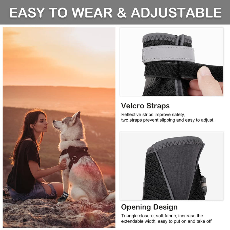 Dog Shoes for Hot Pavement, Mesh Dog Boots with Rugged Anti-Slip Sole, Summer Dog Booties Breathable Durable with Adjustable & Reflective Straps for Medium Large Dogs Hiking Jogging Backpacking #4 Black-4pcs - BeesActive Australia