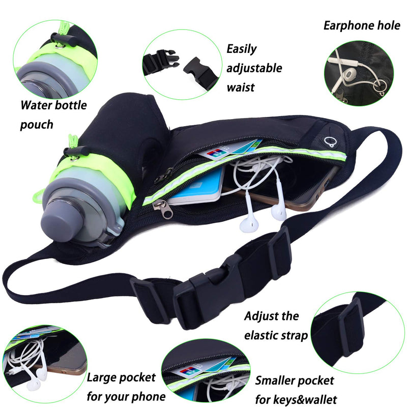 Running Belt Waist Pack with Water Bottle Holder Reflective Fanny Pack with Adjustable Straps Sport Pouch Belt for Fitness Jogging Hiking Travel-Black BLACK - BeesActive Australia