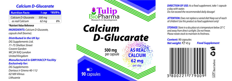 Tulip BioPharma Calcium D-Glucarate 500mg 90 Capsules, 3rd Party lab Tested, High Strength Supplement, No Fillers or Bulkers, Gluten and GMO Free - BeesActive Australia